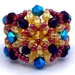 Topaz with Pink and Blue Sapphire Crystal Beaded Statement Ring Size 7